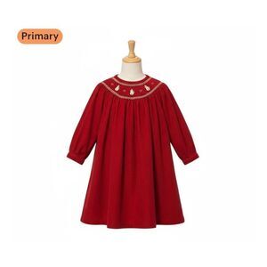 Sweet Heart Rose Red Corduroy Smocked Neckline Long Sleeve Dress 2T